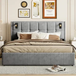 Simple Life Lit coffre 160x200 cm avec sommier à lattes, lit rembourré avec port USB et Type-C, LED, velours, gris Best