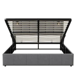 Simple Life Lit coffre 160x200 cm avec sommier à lattes, lit rembourré avec port USB et Type-C, LED, velours, gris Best