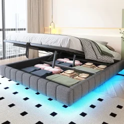 Okwish Lit Coffre 160x200 cm avec Sommier Relevable - Lit Double Tissu Gris avec Rangement et Bande LED Intégrée - Sans Matelas Outlet