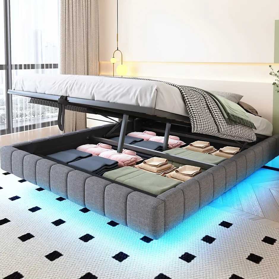 Okwish Lit Coffre 160x200 cm avec Sommier Relevable - Lit Double Tissu Gris avec Rangement et Bande LED Intégrée - Sans Matelas Outlet