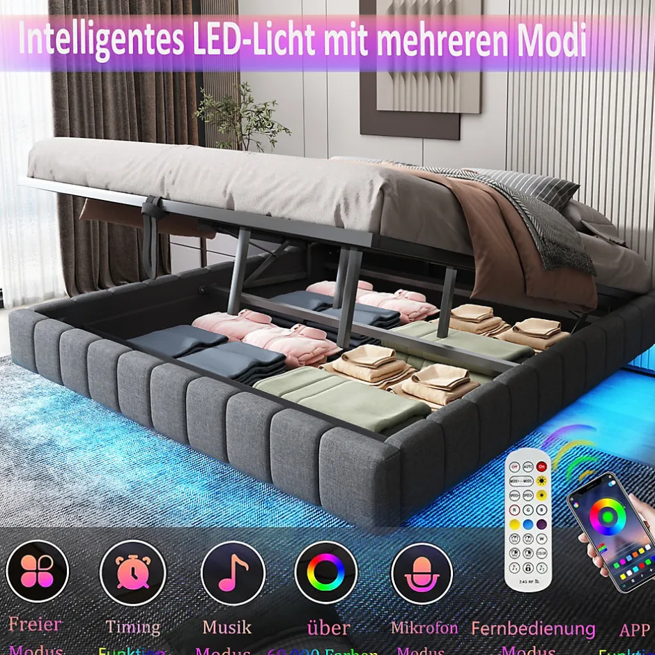 Okwish Lit Coffre 160x200 cm avec Sommier Relevable - Lit Double Tissu Gris avec Rangement et Bande LED Intégrée - Sans Matelas Outlet