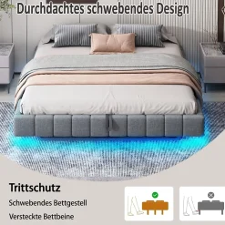 Okwish Lit Coffre 160x200 cm avec Sommier Relevable - Lit Double Tissu Gris avec Rangement et Bande LED Intégrée - Sans Matelas Outlet