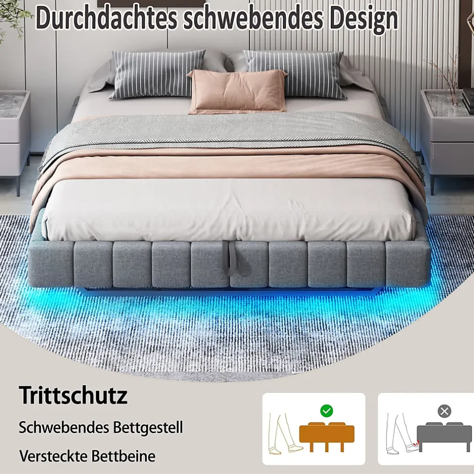 Okwish Lit Coffre 160x200 cm avec Sommier Relevable - Lit Double Tissu Gris avec Rangement et Bande LED Intégrée - Sans Matelas Outlet