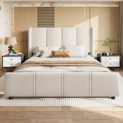 ProximaX Lit coffre 140x200 cm avec tête de lit trapézoïdale, lit double éclairage LED, ports USB, 2 tiroirs, hauteur réglable, Beige