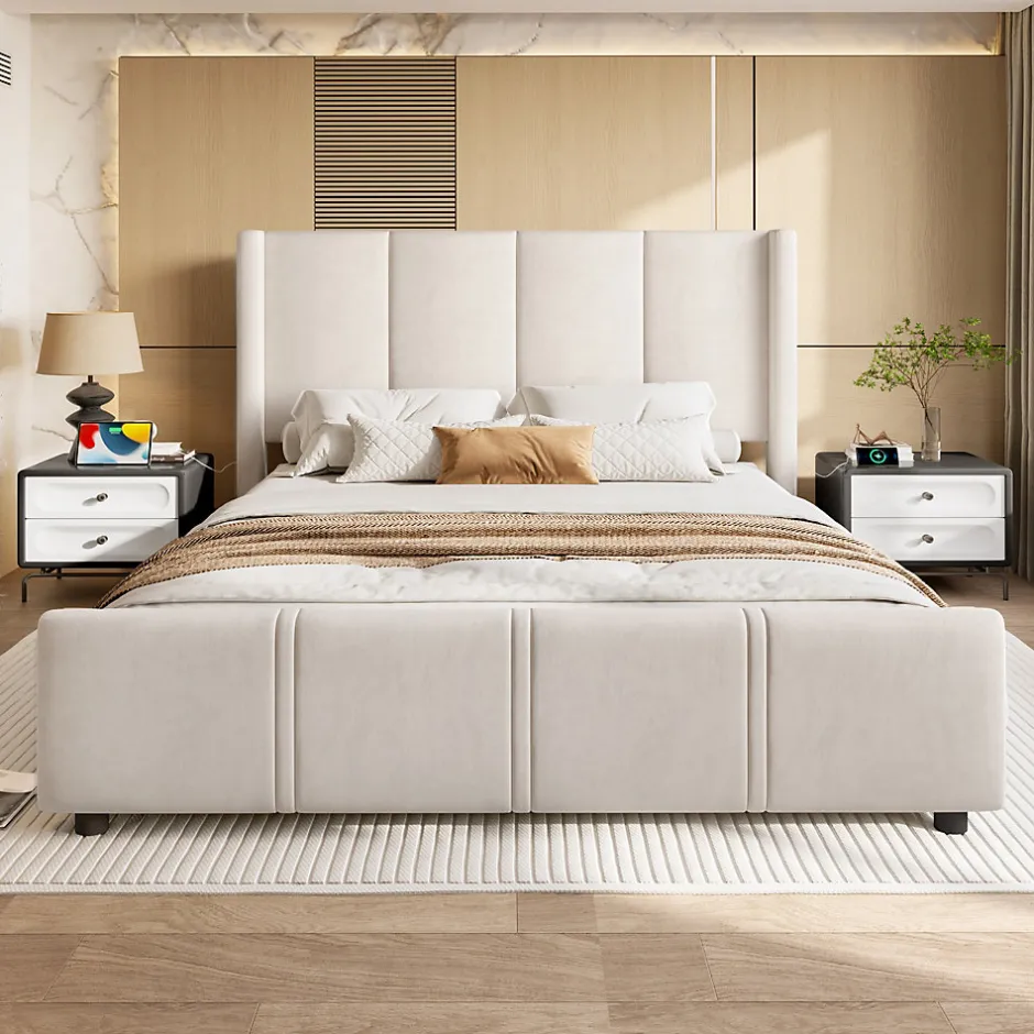 ProximaX Lit coffre 140x200 cm avec tête de lit trapézoïdale, lit double éclairage LED, ports USB, 2 tiroirs, hauteur réglable, Beige