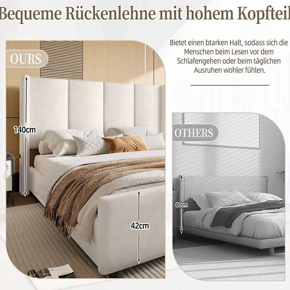ProximaX Lit coffre 140x200 cm avec tête de lit trapézoïdale, lit double éclairage LED, ports USB, 2 tiroirs, hauteur réglable, Beige