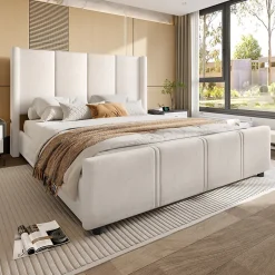 ProximaX Lit coffre 140x200 cm avec tête de lit trapézoïdale, lit double éclairage LED, ports USB, 2 tiroirs, hauteur réglable, Beige