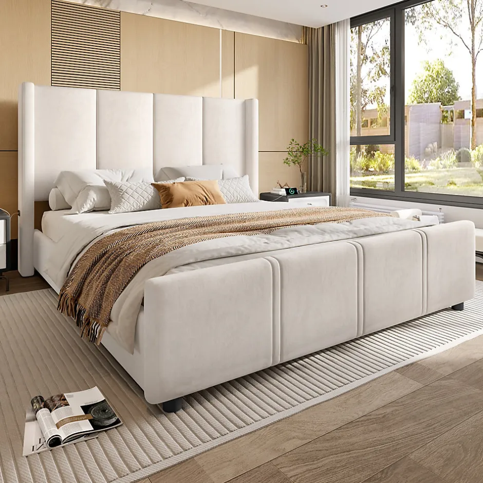 ProximaX Lit coffre 140x200 cm avec tête de lit trapézoïdale, lit double éclairage LED, ports USB, 2 tiroirs, hauteur réglable, Beige