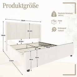 ProximaX Lit coffre 140x200 cm avec tête de lit trapézoïdale, lit double éclairage LED, ports USB, 2 tiroirs, hauteur réglable, Beige