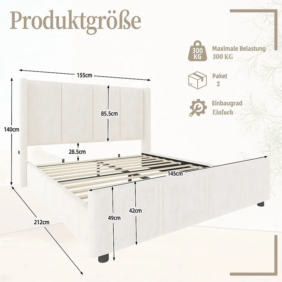 ProximaX Lit coffre 140x200 cm avec tête de lit trapézoïdale, lit double éclairage LED, ports USB, 2 tiroirs, hauteur réglable, Beige