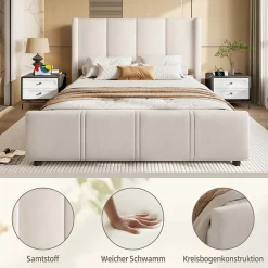 ProximaX Lit coffre 140x200 cm avec tête de lit trapézoïdale, lit double éclairage LED, ports USB, 2 tiroirs, hauteur réglable, Beige