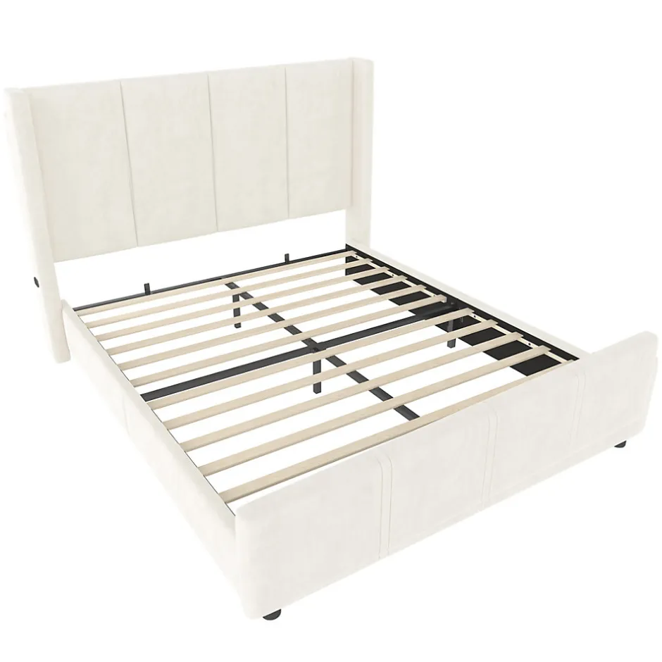 ProximaX Lit coffre 140x200 cm avec tête de lit trapézoïdale, lit double éclairage LED, ports USB, 2 tiroirs, hauteur réglable, Beige