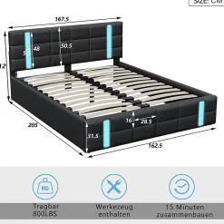 Simple Life Lit Coffre 160x200 cm avec USB et Type-C,LED,Lit Capitonné avec Rangement,hydraulique lit, PU