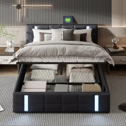 Simple Life Lit Coffre 160x200 cm avec USB et Type-C,LED,Lit Capitonné avec Rangement,hydraulique lit, PU