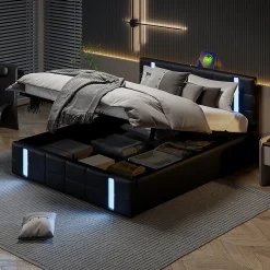 Simple Life Lit Coffre 160x200 cm avec USB et Type-C,LED,Lit Capitonné avec Rangement,hydraulique lit, PU