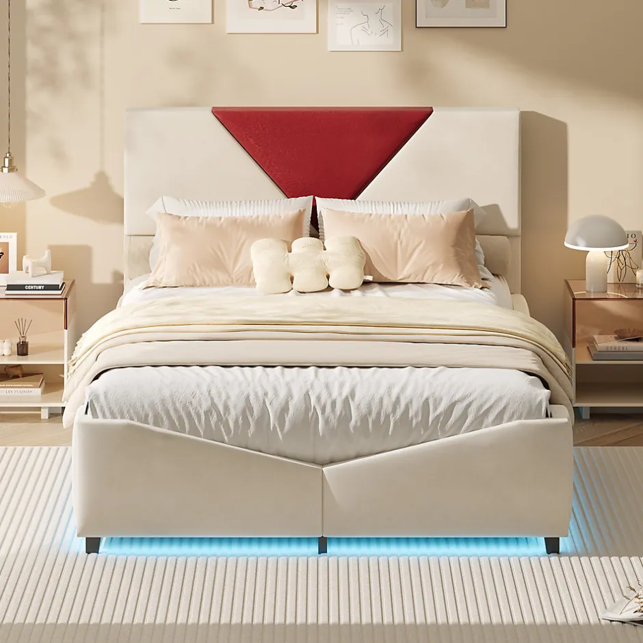 ProximaX Lit coffre 140x200 cm beige avec tête triangulaire bordeaux, rangement à ouverture assistée par vérin, design moderne et pratique