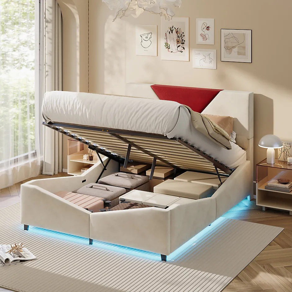 ProximaX Lit coffre 140x200 cm beige avec tête triangulaire bordeaux, rangement à ouverture assistée par vérin, design moderne et pratique