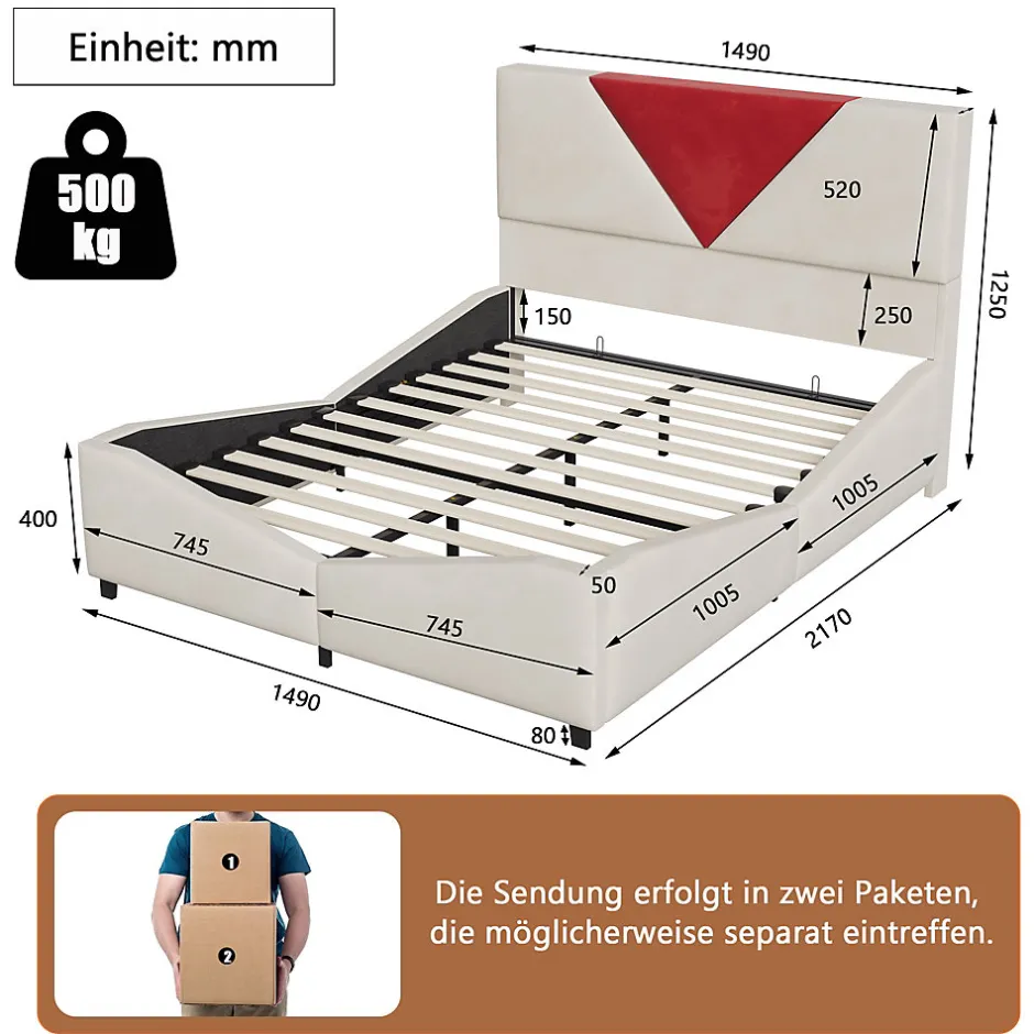 ProximaX Lit coffre 140x200 cm beige avec tête triangulaire bordeaux, rangement à ouverture assistée par vérin, design moderne et pratique