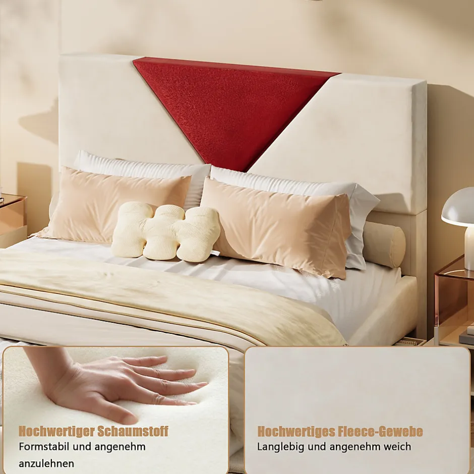 ProximaX Lit coffre 140x200 cm beige avec tête triangulaire bordeaux, rangement à ouverture assistée par vérin, design moderne et pratique