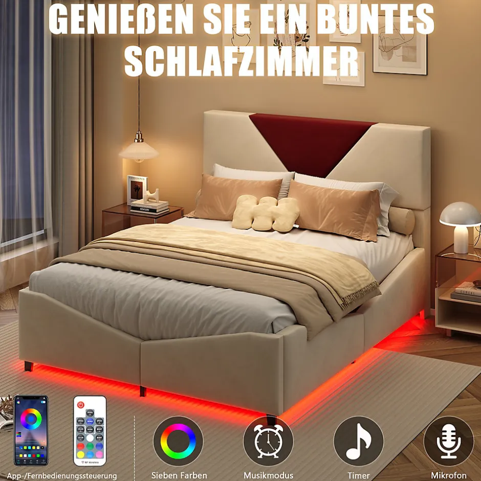 ProximaX Lit coffre 140x200 cm beige avec tête triangulaire bordeaux, rangement à ouverture assistée par vérin, design moderne et pratique