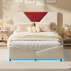 ProximaX Lit coffre 140x190 cm beige avec tête triangulaire bordeaux, rangement à ouverture assistée par vérin, design moderne et pratique Clearance