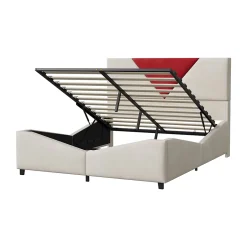 ProximaX Lit coffre 140x190 cm beige avec tête triangulaire bordeaux, rangement à ouverture assistée par vérin, design moderne et pratique Clearance