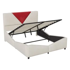 ProximaX Lit coffre 140x190 cm beige avec tête triangulaire bordeaux, rangement à ouverture assistée par vérin, design moderne et pratique Clearance