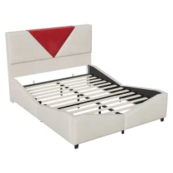 ProximaX Lit coffre 140x190 cm beige avec tête triangulaire bordeaux, rangement à ouverture assistée par vérin, design moderne et pratique Clearance