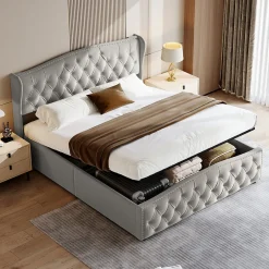 Fortuna lai Lit Coffre 160x200 Cm, Cadre De Lit Avec Tête De Lit Et Sommier à Lattes, Velours, Gris