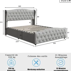Fortuna lai Lit Coffre 160x200 Cm, Cadre De Lit Avec Tête De Lit Et Sommier à Lattes, Velours, Gris