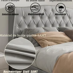 Fortuna lai Lit Coffre 160x200 Cm, Cadre De Lit Avec Tête De Lit Et Sommier à Lattes, Velours, Gris
