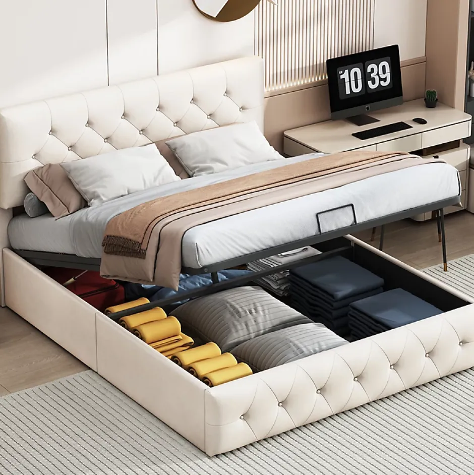 Simple Life Lit Coffre 160x200 Cm, Cadre De Lit Avec Tête De Lit Et Sommier à Lattes, Velours, Beige Discount
