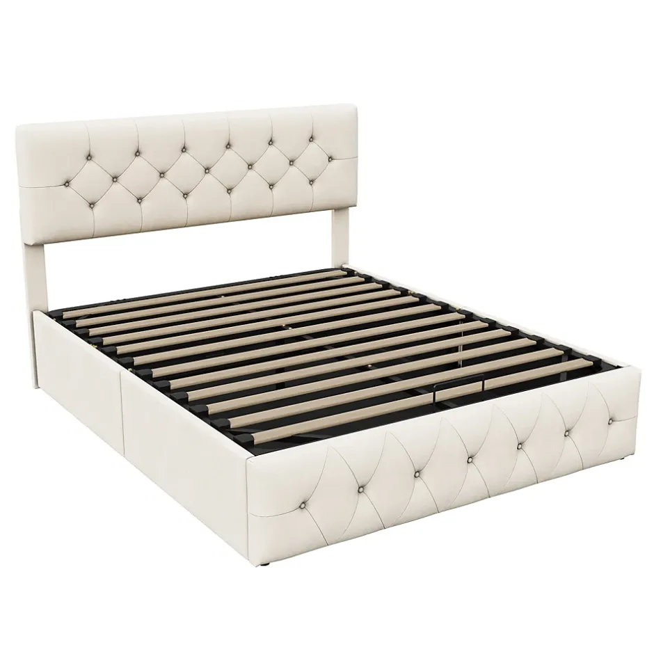 Simple Life Lit Coffre 160x200 Cm, Cadre De Lit Avec Tête De Lit Et Sommier à Lattes, Velours, Beige Discount