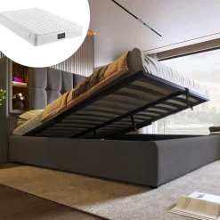 Okwish Lit coffre 140x200 cm capitonné avec rangement intégré, charge sans fil et USB-C - sommier et matelas inclus - tissu coton gris Clearance