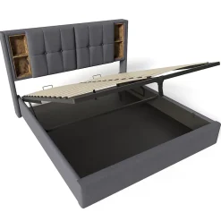 Okwish Lit coffre 140x200 cm capitonné avec rangement intégré, charge sans fil et USB-C - sommier et matelas inclus - tissu coton gris Clearance