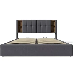 Okwish Lit coffre 140x200 cm capitonné avec rangement intégré, charge sans fil et USB-C - sommier et matelas inclus - tissu coton gris Clearance