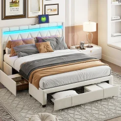 ProximaX Lit coffre 160x200 cm, capitonné lin, lit double avec 4 tiroirs, LED, USB & Type-C, sommier à lattes et tête de lit, Beige