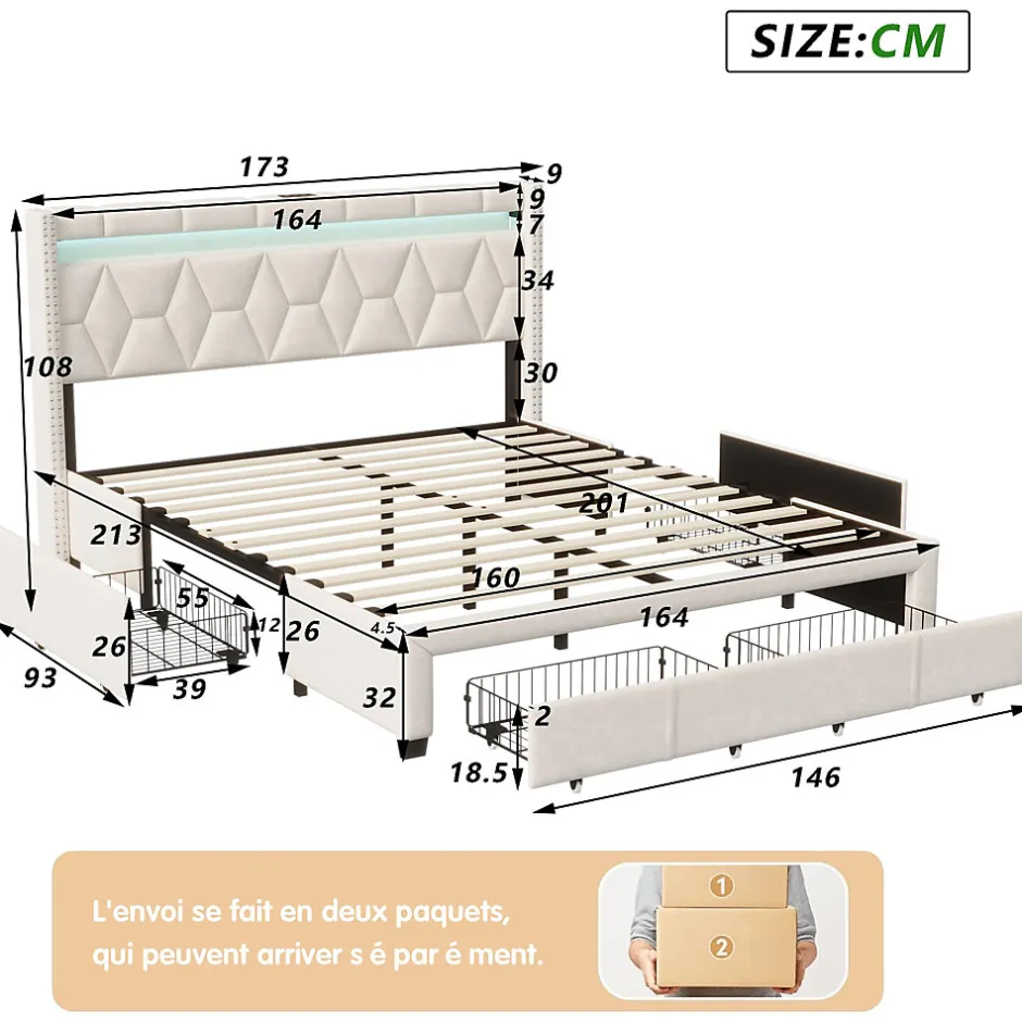 ProximaX Lit coffre 160x200 cm, capitonné lin, lit double avec 4 tiroirs, LED, USB & Type-C, sommier à lattes et tête de lit, Beige