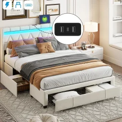 ProximaX Lit coffre 160x200 cm, capitonné lin, lit double avec 4 tiroirs, LED, USB & Type-C, sommier à lattes et tête de lit, Beige