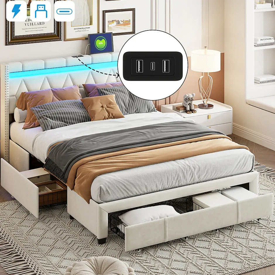 ProximaX Lit coffre 160x200 cm, capitonné lin, lit double avec 4 tiroirs, LED, USB & Type-C, sommier à lattes et tête de lit, Beige