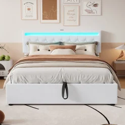 Generique Lit coffre 160x200 cm double adulte avec télécommande LED et ports USB-C, structure lin MDF blanc, sans matelas Hot