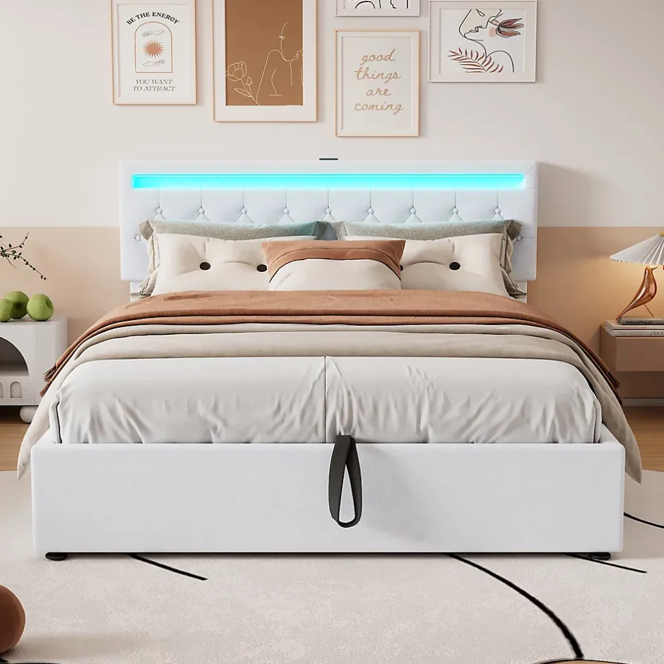 Generique Lit coffre 160x200 cm double adulte avec télécommande LED et ports USB-C, structure lin MDF blanc, sans matelas Hot
