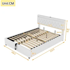 Generique Lit coffre 160x200 cm double adulte avec télécommande LED et ports USB-C, structure lin MDF blanc, sans matelas Hot