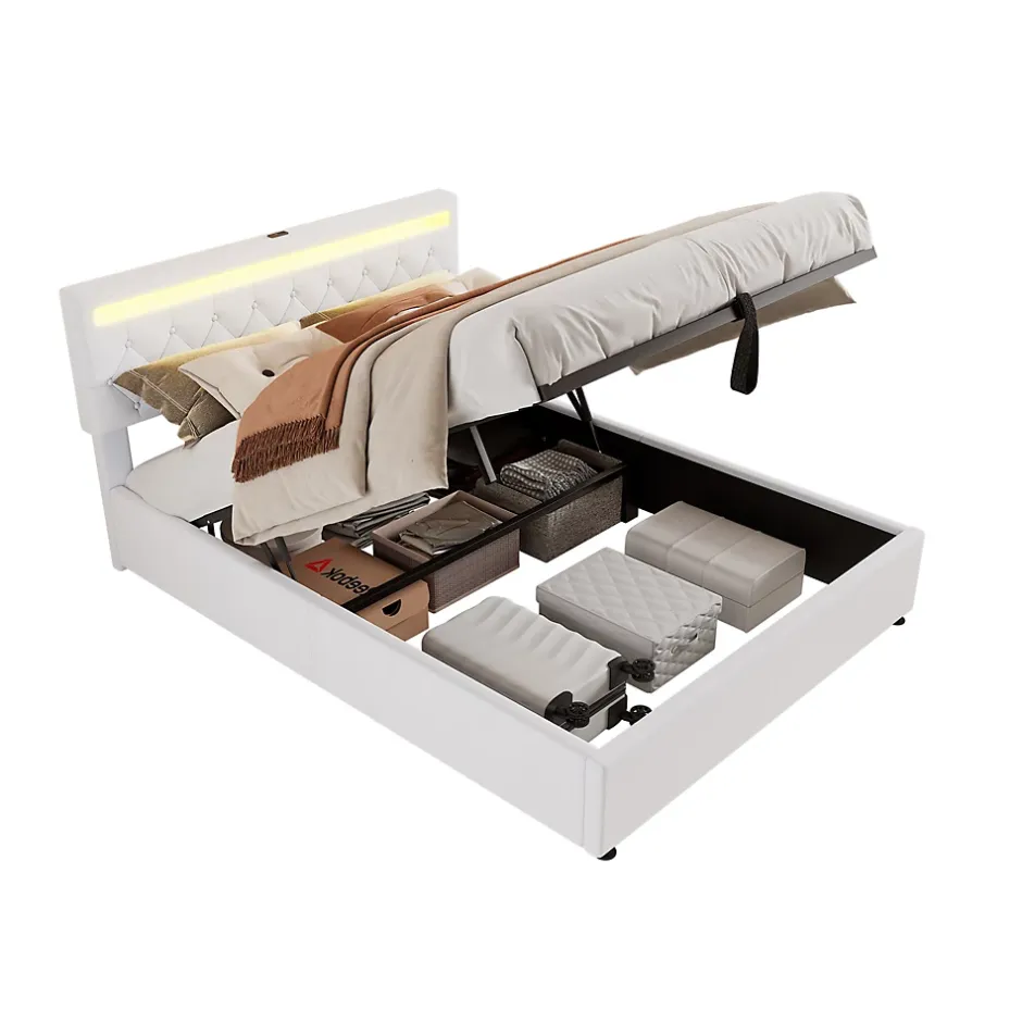 Generique Lit coffre 160x200 cm double adulte avec télécommande LED et ports USB-C, structure lin MDF blanc, sans matelas Hot