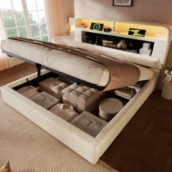 Okwish Lit coffre 180x200 cm double avec LED intégrée, tête de lit réglable, charge USB/Type-C, velours beige - Sans matelas New