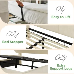 Okwish Lit coffre 180x200 cm double avec LED intégrée, tête de lit réglable, charge USB/Type-C, velours beige - Sans matelas New