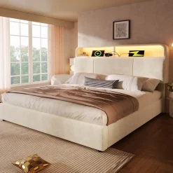 Okwish Lit coffre 180x200 cm double avec LED intégrée, tête de lit réglable, charge USB/Type-C, velours beige - Sans matelas New