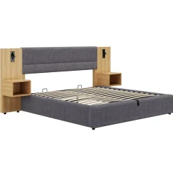 Okwish Lit coffre 180x200 cm double capitonné avec grandes oreilles, 2 tables de nuit, coffre de rangement, velours gris, sans matelas