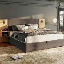 Okwish Lit coffre 180x200 cm double capitonné avec grandes oreilles, 2 tables de nuit, coffre de rangement, velours gris, sans matelas