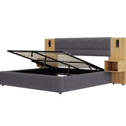 Okwish Lit coffre 180x200 cm double capitonné avec grandes oreilles, 2 tables de nuit, coffre de rangement, velours gris, sans matelas